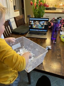 Child plays with a sensory bin in front of a laptop on Zoom