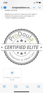 Screenshot of ProDoula Certified Elite - Postpartum & Infant Care Badge