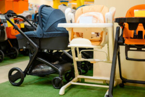 Up close strollers and highchairs in store